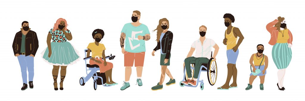 A line of nine people. They are of different ages, genders, sexualities, races, heights, body size, and two are in wheelchairs. They are all wearing masks. One has a visible tattoo, another has vitiligo, a skin issue that affects skin pigment. 