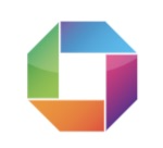 Blue, purple, orange and green rectangles with one sloped end are joined together to create a circle.